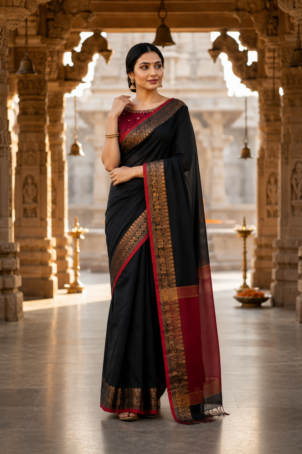 Premium Black Cotton Silk Saree with Antique Gold Zari Border & Maroon Contrast Pallu