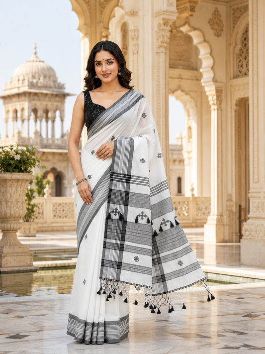 Premium Pure Cotton Bhujodi Handwoven Saree | White & Black Traditional Handloom with Tassel Pallu