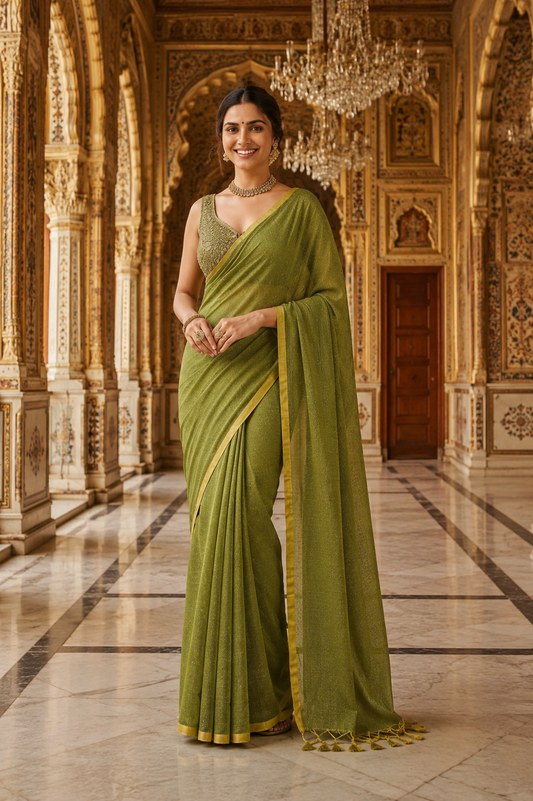 Pure Mulmul Cotton Sequins Saree | Olive Green with Yellow Border & Tassel Pallu