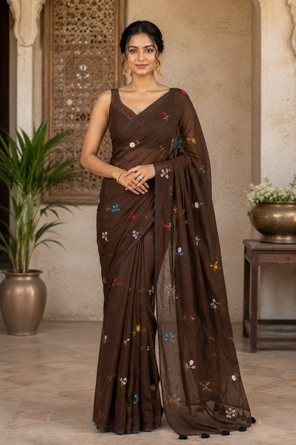Elegant Coffee Brown Pure Mulmul Cotton Saree with Hand Embroidery