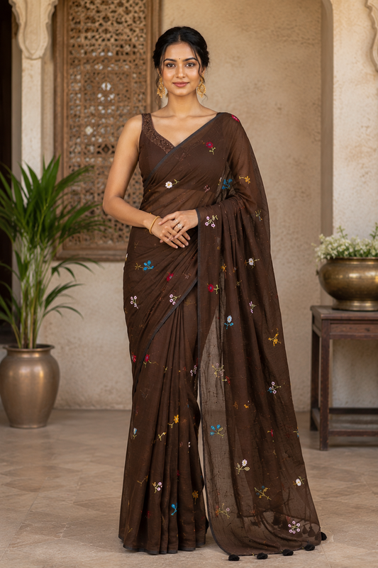 Elegant Coffee Brown Pure Mulmul Cotton Saree with Hand Embroidery
