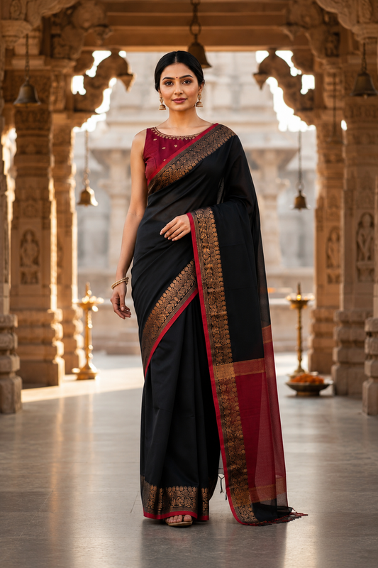 Premium Black Cotton Silk Saree with Antique Gold Zari Border & Maroon Contrast Pallu