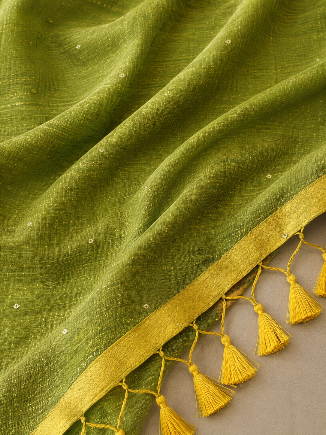 Pure Mulmul Cotton Sequins Saree | Olive Green with Yellow Border & Tassel Pallu