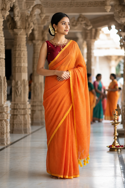 Pure Mulmul Cotton Sequins Saree | Olive Green with Yellow Border & Tassel Pallu