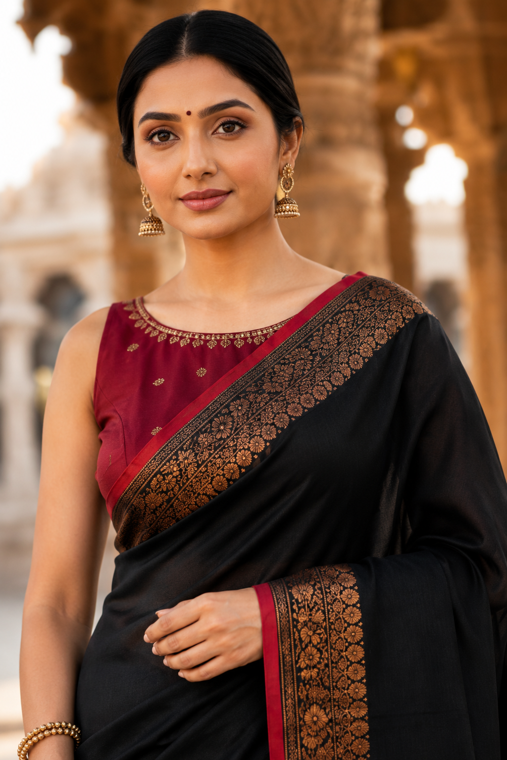 Premium Black Cotton Silk Saree with Antique Gold Zari Border & Maroon Contrast Pallu
