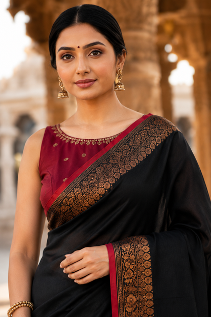 Premium Black Cotton Silk Saree with Antique Gold Zari Border & Maroon Contrast Pallu