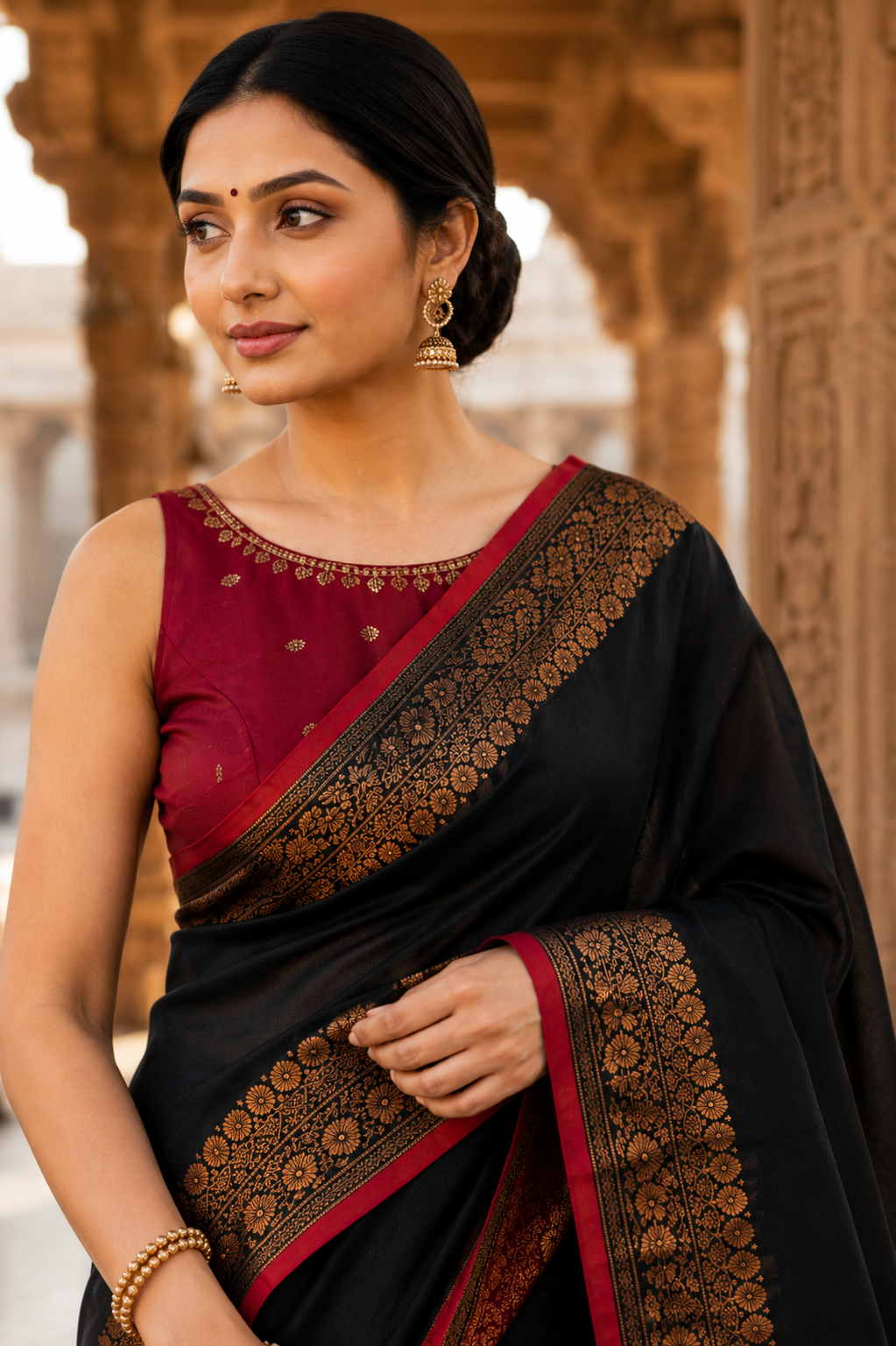 Premium Black Cotton Silk Saree with Antique Gold Zari Border & Maroon Contrast Pallu