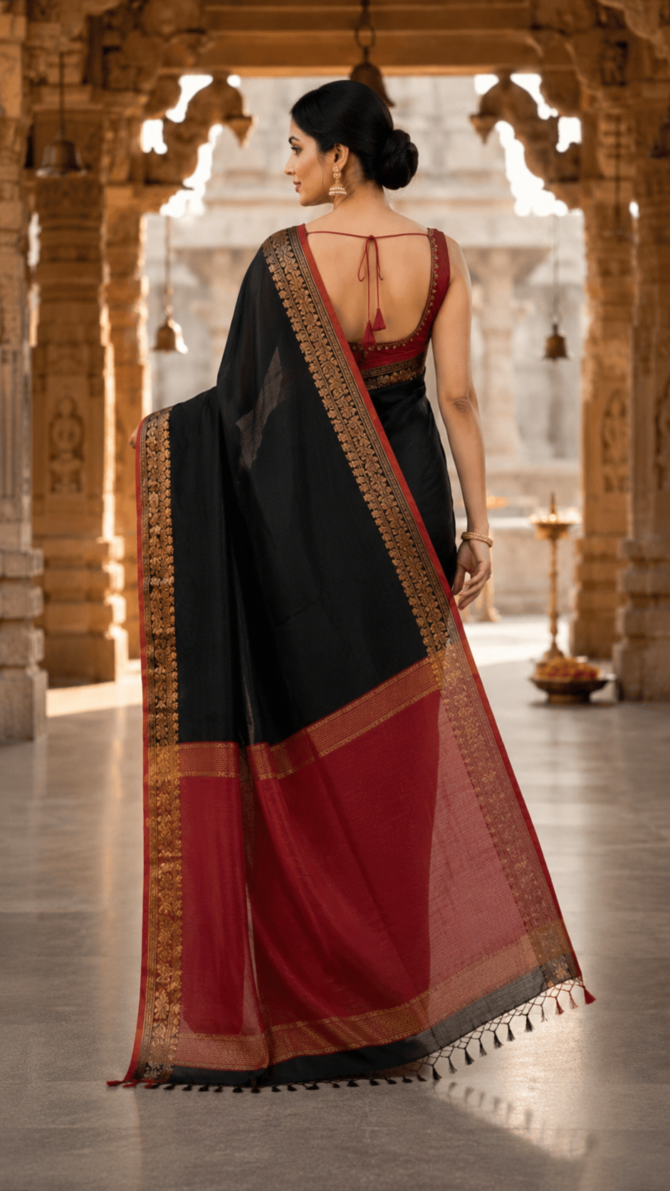 Premium Black Cotton Silk Saree with Antique Gold Zari Border & Maroon Contrast Pallu