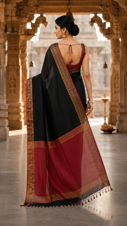 Premium Black Cotton Silk Saree with Antique Gold Zari Border & Maroon Contrast Pallu