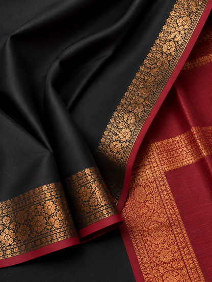 Premium Black Cotton Silk Saree with Antique Gold Zari Border & Maroon Contrast Pallu