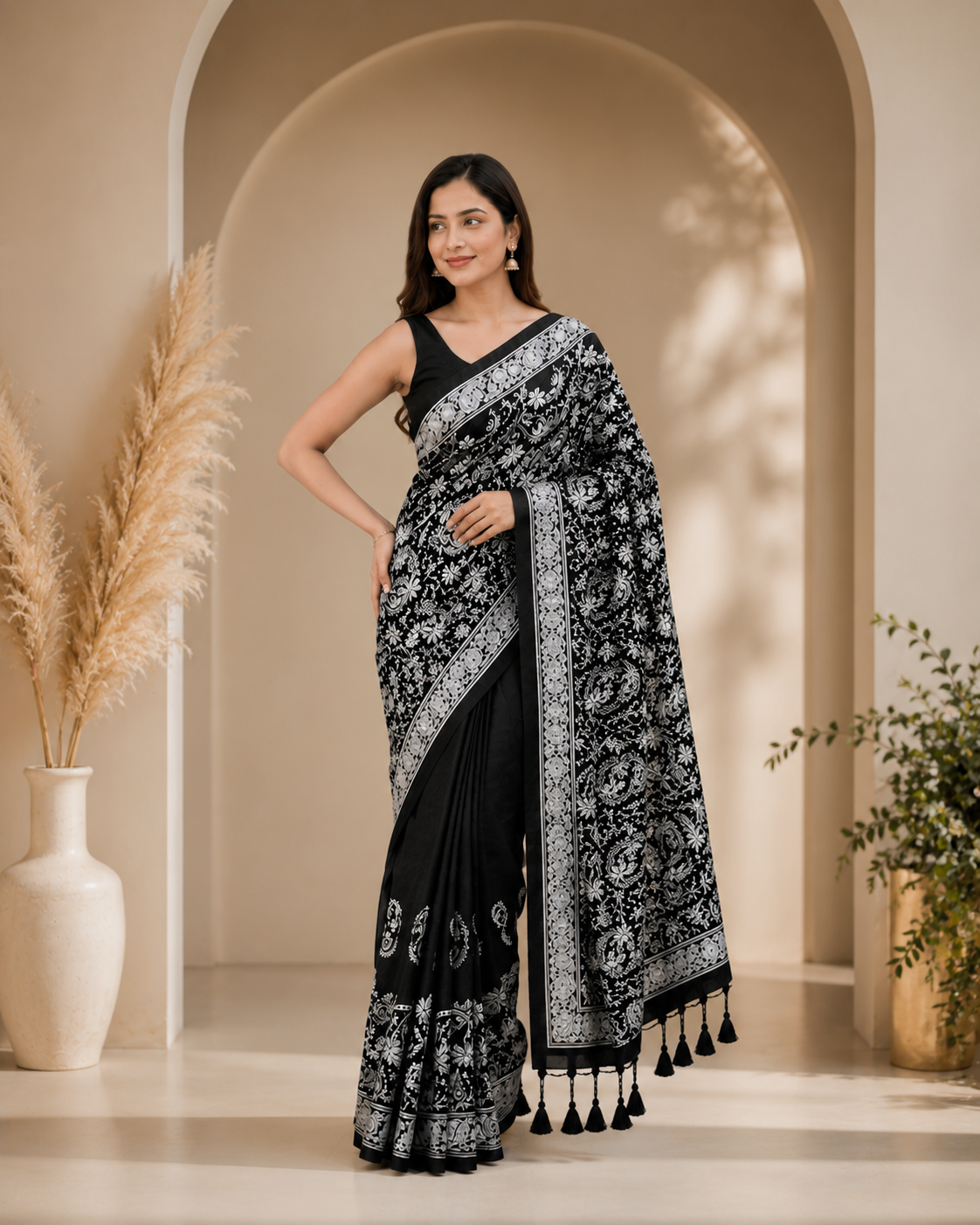 Aurvika Black Lucknowi Chikankari Mulmul Cotton Saree