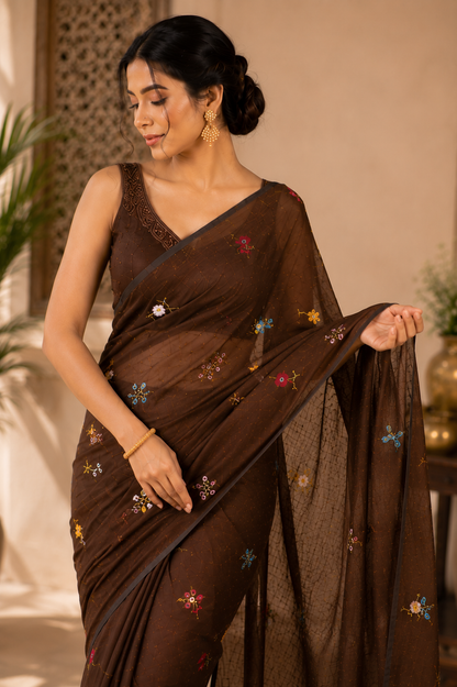 Elegant Coffee Brown Pure Mulmul Cotton Saree with Hand Embroidery
