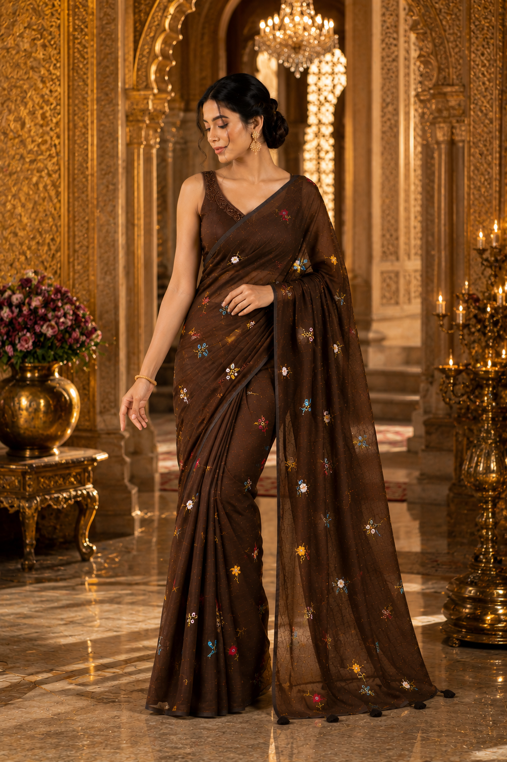 Elegant Coffee Brown Pure Mulmul Cotton Saree with Hand Embroidery