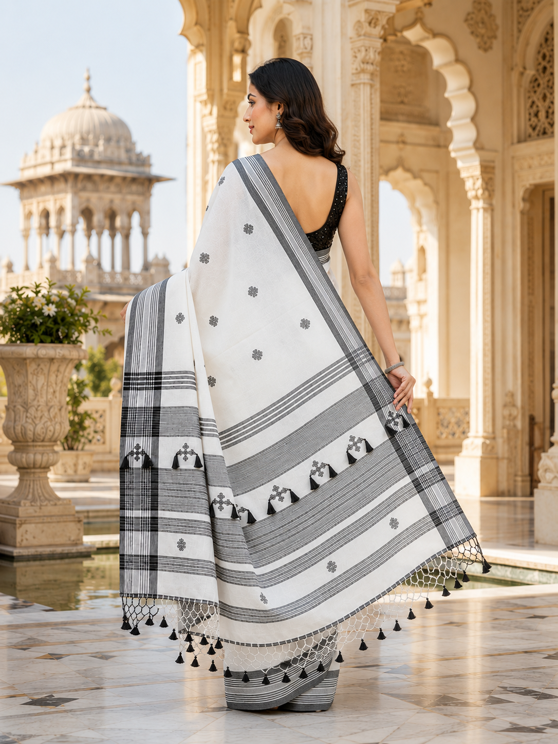 Premium Pure Cotton Bhujodi Handwoven Saree | White & Black Traditional Handloom with Tassel Pallu