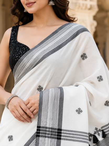 Premium Pure Cotton Bhujodi Handwoven Saree | White & Black Traditional Handloom with Tassel Pallu