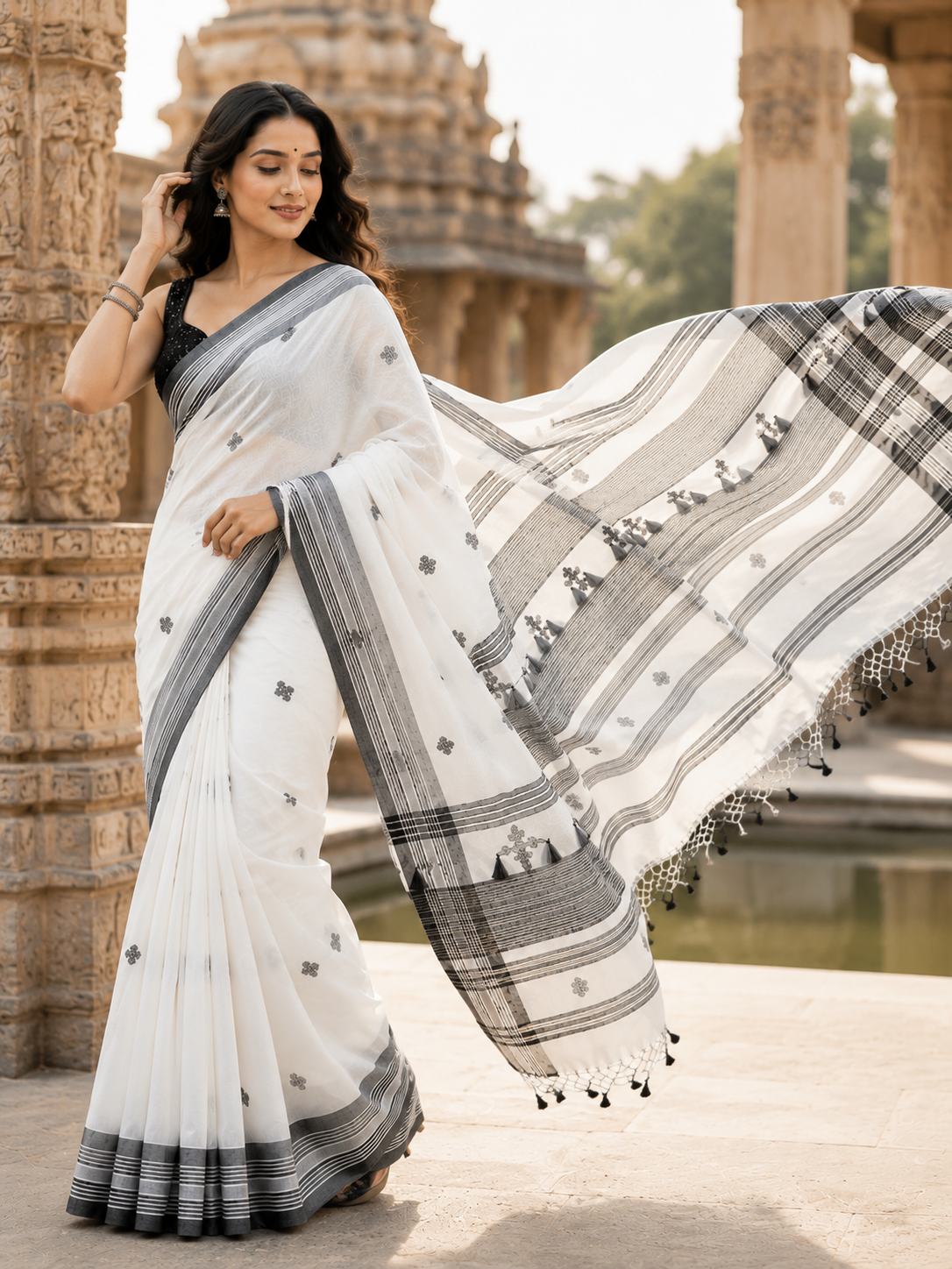 Premium Pure Cotton Bhujodi Handwoven Saree | White & Black Traditional Handloom with Tassel Pallu