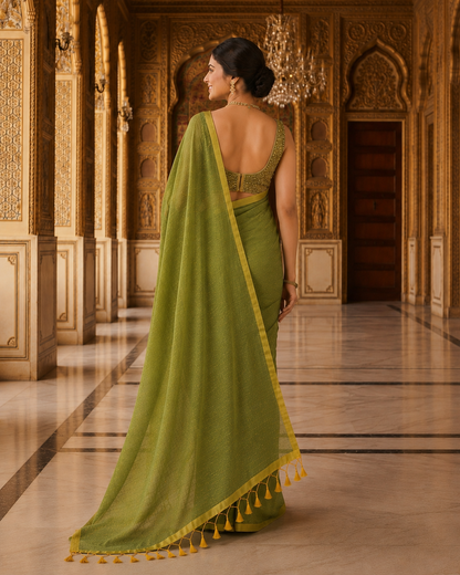 Pure Mulmul Cotton Sequins Saree | Olive Green with Yellow Border & Tassel Pallu