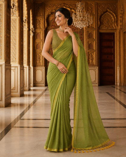 Pure Mulmul Cotton Sequins Saree | Olive Green with Yellow Border & Tassel Pallu