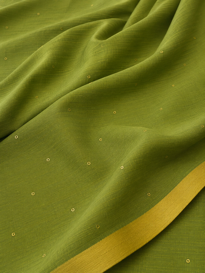 Pure Mulmul Cotton Sequins Saree | Olive Green with Yellow Border & Tassel Pallu