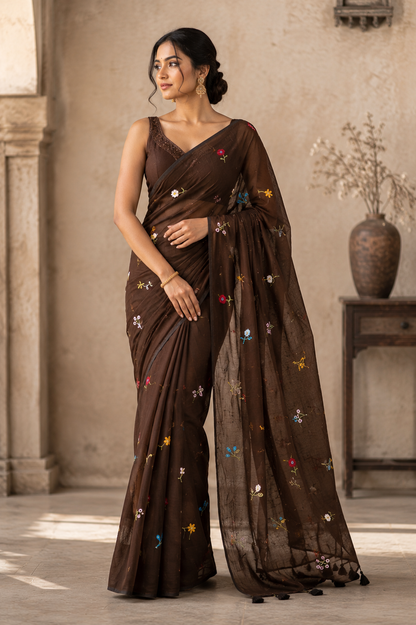 Elegant Coffee Brown Pure Mulmul Cotton Saree with Hand Embroidery