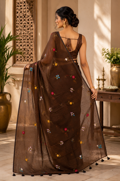 Elegant Coffee Brown Pure Mulmul Cotton Saree with Hand Embroidery
