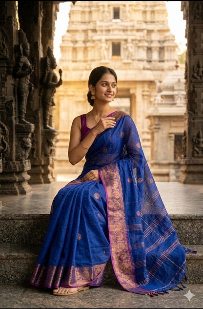 Aurvika Royal Blue and Magenta Cotton Silk Banarasi Saree with Gold Zari Border