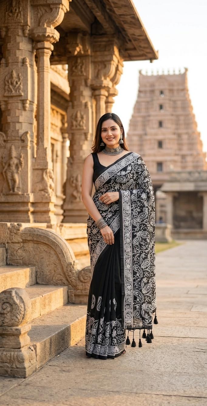 Aurvika Black Lucknowi Chikankari Mulmul Cotton Saree
