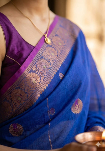 Aurvika Royal Blue and Magenta Cotton Silk Banarasi Saree with Gold Zari Border