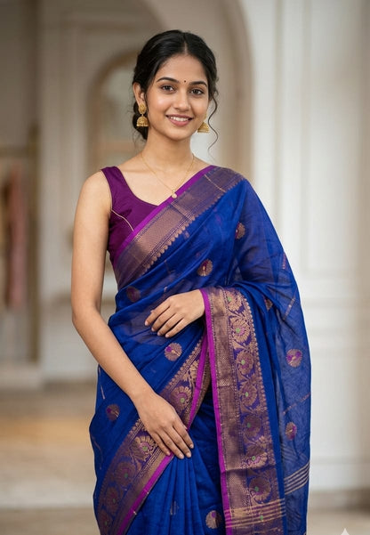 Aurvika Royal Blue and Magenta Cotton Silk Banarasi Saree with Gold Zari Border