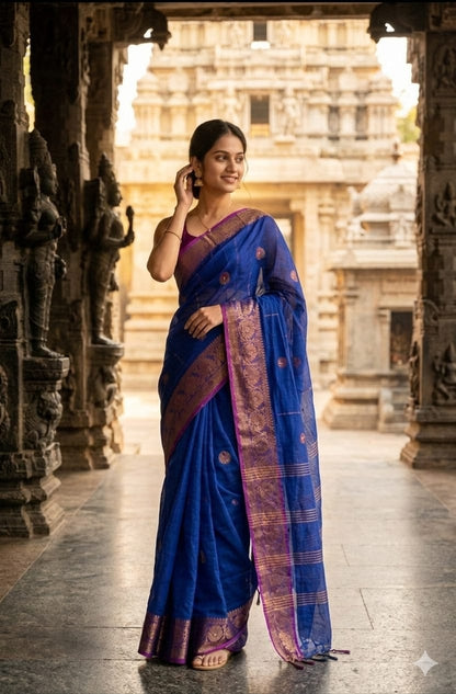 Aurvika Royal Blue and Magenta Cotton Silk Banarasi Saree with Gold Zari Border