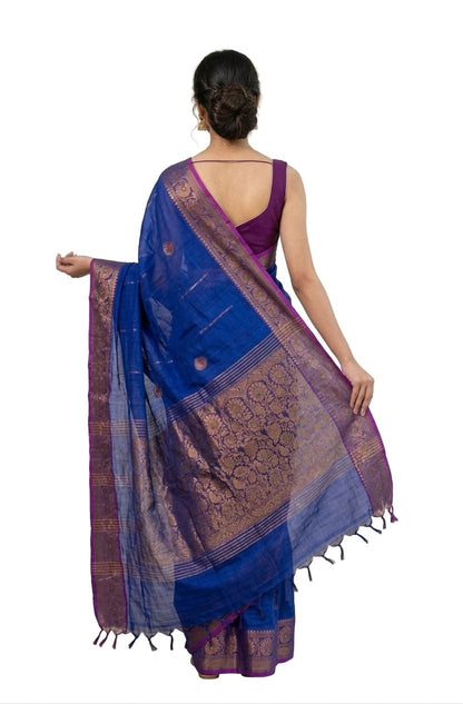 Aurvika Royal Blue and Magenta Cotton Silk Banarasi Saree with Gold Zari Border