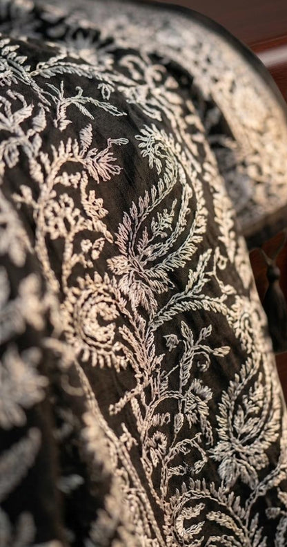 Aurvika Black Lucknowi Chikankari Mulmul Cotton Saree