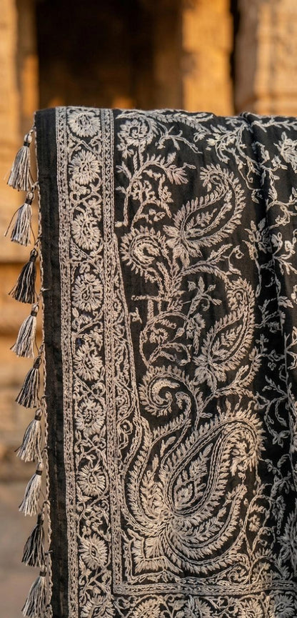 Aurvika Black Lucknowi Chikankari Mulmul Cotton Saree