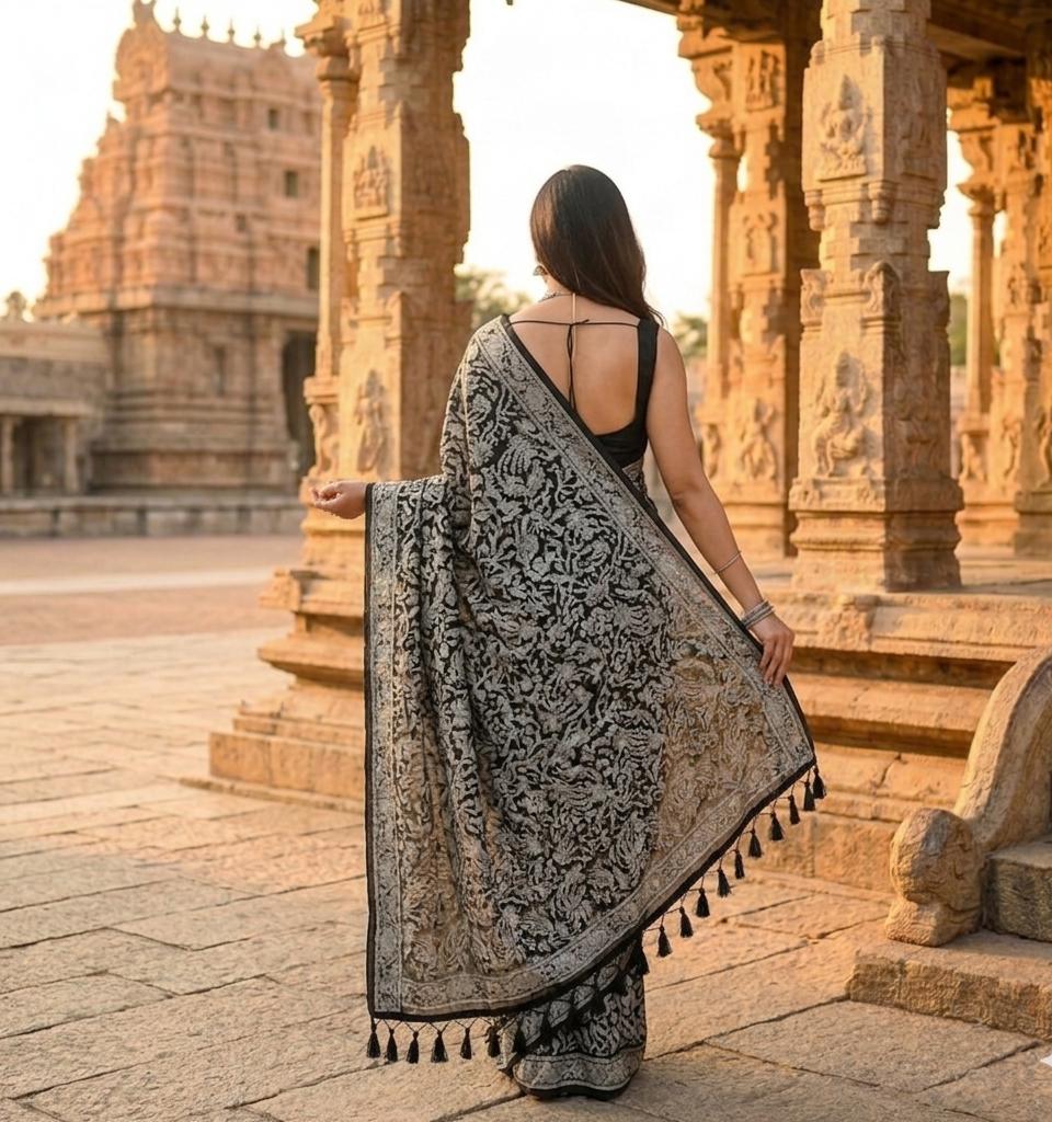Aurvika Black Lucknowi Chikankari Mulmul Cotton Saree