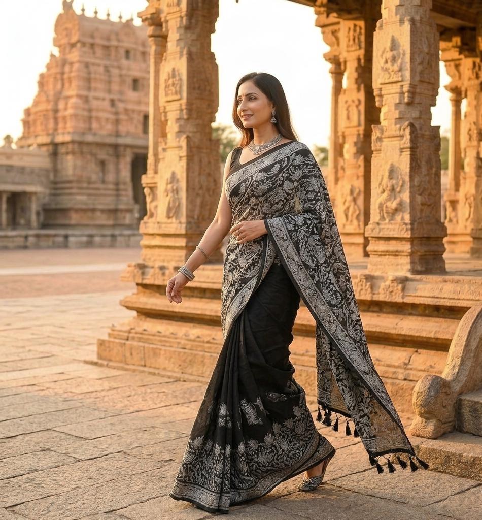 Aurvika Black Lucknowi Chikankari Mulmul Cotton Saree