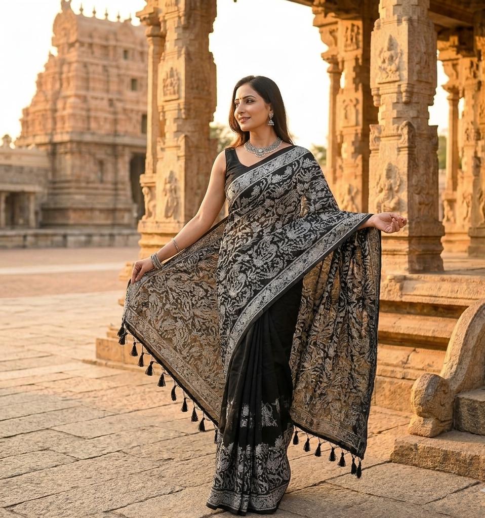 Aurvika Black Lucknowi Chikankari Mulmul Cotton Saree