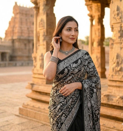 Aurvika Black Lucknowi Chikankari Mulmul Cotton Saree