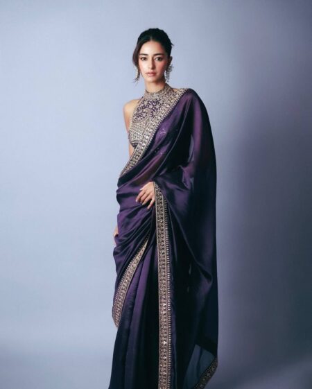 Women's Luxurious Plum Satin Saree with Intricate Zari & Sequin Embroidered Blouse