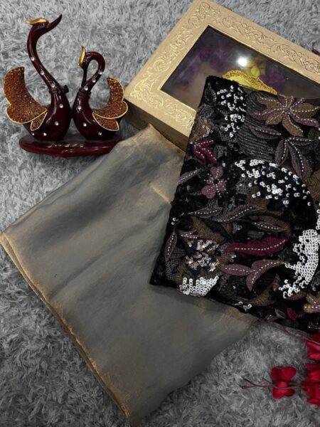 Women's Luxurious Shimmering Grey Organza Saree with Intricately Embroidered Blouse - Perfect for Festive & Evening Wear