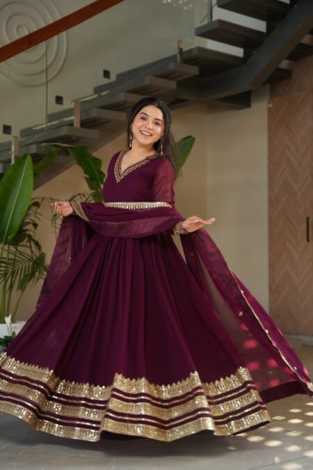 Women's Cotton Embroidered Anarkali Gown with Dupatta – Maroon Festive Wear Set