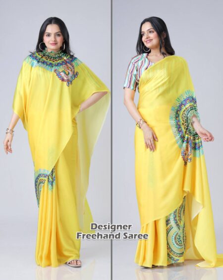 Women's Vibrant Lemon Yellow Satin Silk Kaftan Saree with Multi-Color Digital Print Yoke & Border Design